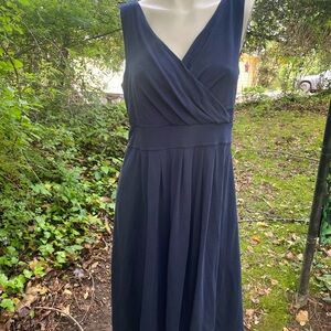 Lands’ End Elegant Navy Blue Sleeveless Dress M Cotton Midi V Neck